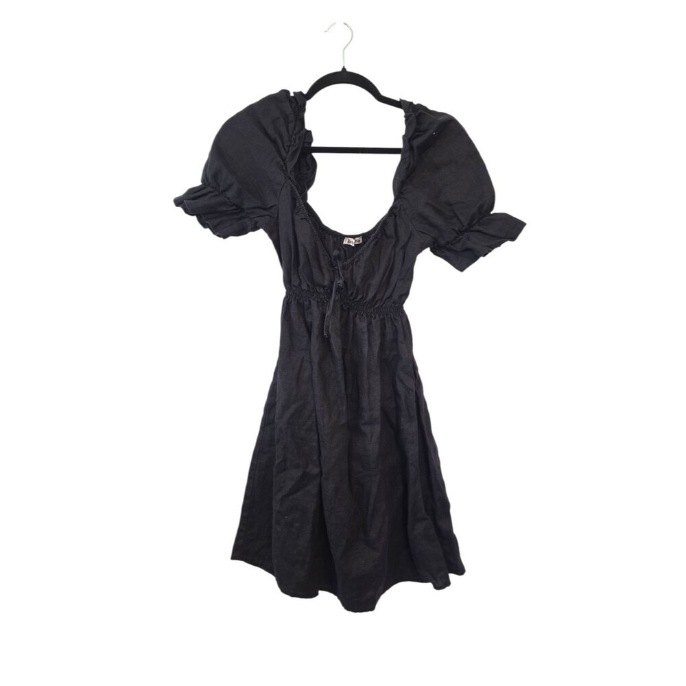 Reformation Channa 100% Linen Puff Sleeve Babydoll Mini Dress Black Size Large - Picture 3 of 8